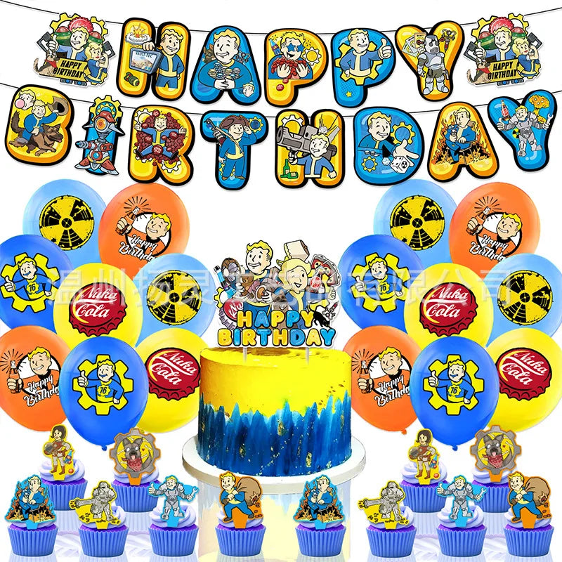 Fallout Birthday Party Decorations Kit - Vault Boy Banner, Balloons & Flags - Complete Radiation Theme Party Supplies