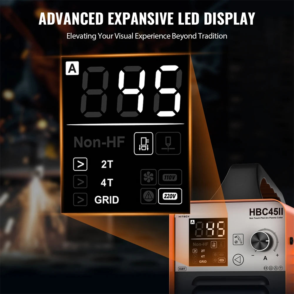 HITBOX 45A Plasma Cutter - Non-HF Non-Touch IGBT Inverter with Smart LED Display for DIY & Workshop Cutting