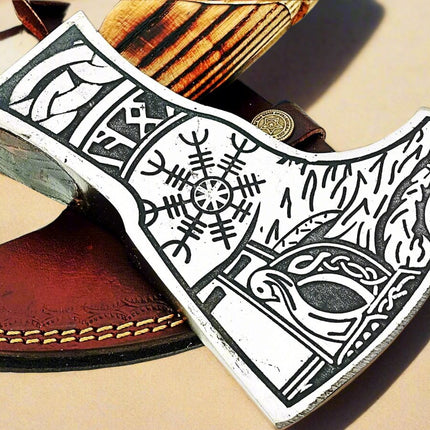 Norse Axe with Custom Handmade Forged 1095 Steel Blade and Hand Engraved Ash Wood Handle – Odin’s Edge