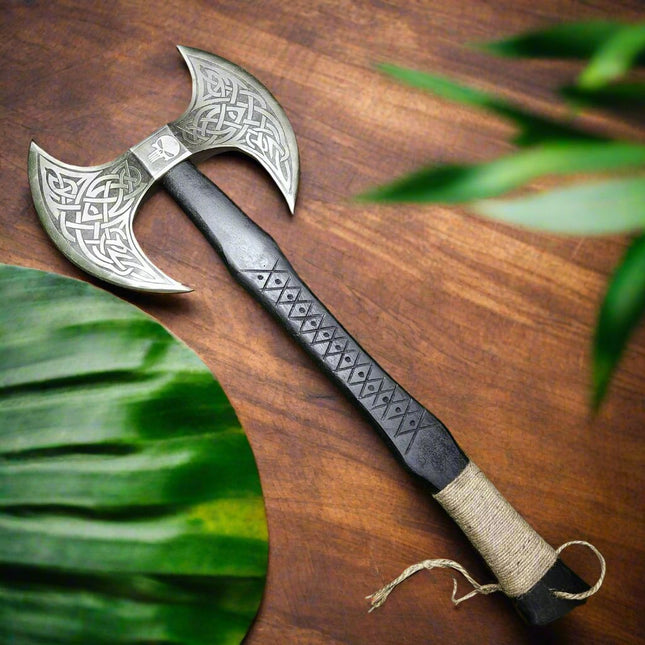 Viking Axe with Custom Handmade Forged 1095 Steel Double Sided Blade and Hand Engraved Black Ash Wood Handle – Thor’s Fury