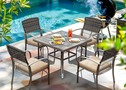 Pamapic Outdoor Dining Set for 4 - Iron Frame & Rattan Backrest Patio Furniture Pamapic