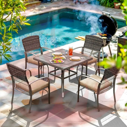 Pamapic Outdoor Dining Set for 4 - Iron Frame & Rattan Backrest Patio Furniture Pamapic