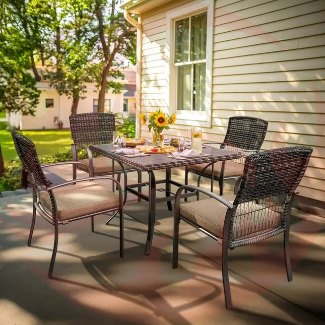 Pamapic Outdoor Dining Set for 4 - Iron Frame & Rattan Backrest Patio Furniture Pamapic