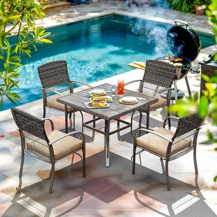Pamapic Outdoor Dining Set for 4 - Iron Frame & Rattan Backrest Patio Furniture Pamapic