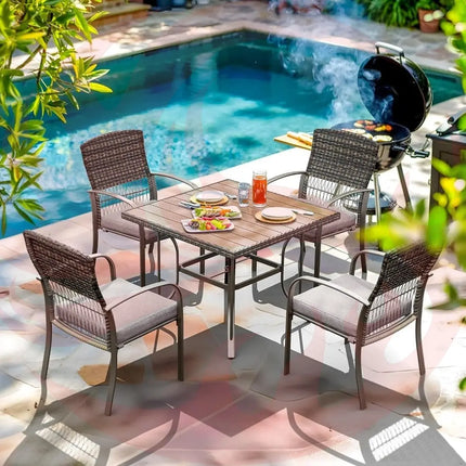Pamapic Outdoor Dining Set for 4 - Iron Frame & Rattan Backrest Patio Furniture Pamapic