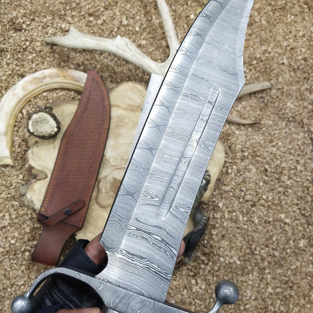Custom Handmade Bowie Knife with Twisted Damascus Steel Blade and Antler Horn Handle - 15 Inches