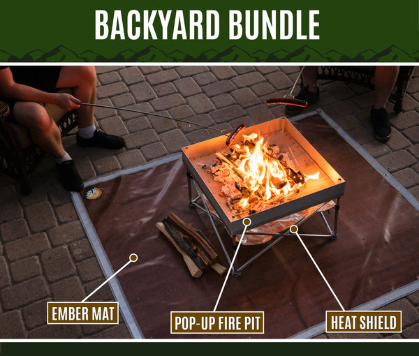 Backyard Fire Pit Bundle - Pop-Up Pit with Heat Shield & Ember Mat
