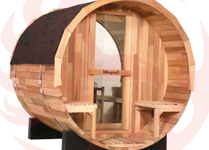 Blisspod, Prague, Canadian Red Cedar Outdoor Steam Barell Sauna, 2-4 / 4-6 persons with Full Glass Back & 2 front Porch seats zoppinh
