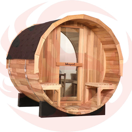 Blisspod, Prague, Canadian Red Cedar Outdoor Steam Barell Sauna, 2-4 / 4-6 persons with Full Glass Back & 2 front Porch seats zoppinh
