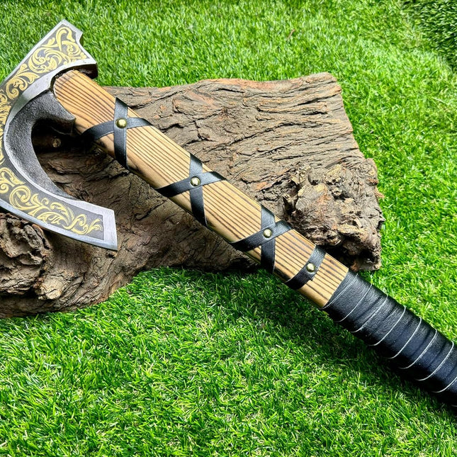 Viking Hatchet with Custom Handmade Engraved 1095 Steel Blade and Ash Wood Leather-Wrapped Handle – Battle Forge