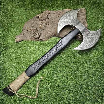 Viking Axe with Custom Handmade Forged 1095 Steel Double Sided Blade and Hand Engraved Black Ash Wood Handle – Thor’s Fury