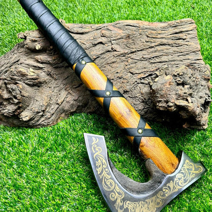 Viking Hatchet with Custom Handmade Engraved 1095 Steel Blade and Ash Wood Leather-Wrapped Handle – Battle Forge