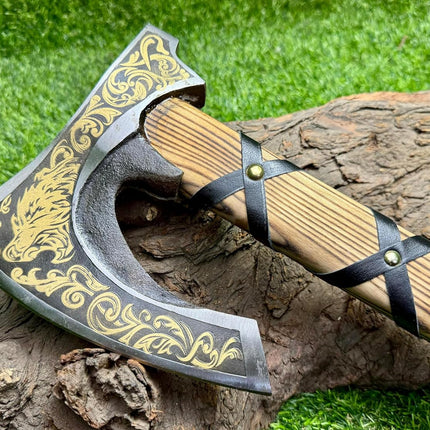 Viking Hatchet with Custom Handmade Engraved 1095 Steel Blade and Ash Wood Leather-Wrapped Handle – Battle Forge