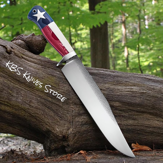 Western Bowie Knife - 10" Rasp Steel with Texas Flag G10 Handle & Steel Guard