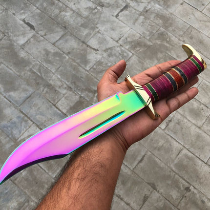 Wild Hunter Bowie Knife - Custom Handcrafted Heavy Gauge D2 Titanium Colored Steel Blade, Colored Exotic Woods Handle, Brass Spacers and Guard, 15" Overall Length | Leather Sheath | KBS Knives