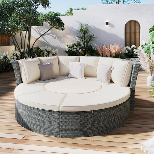 Patio 5-Piece Round Rattan Sectional All-Weather Sofa Set W/ Liftable Table