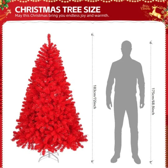 6 FT Artificial Christmas Tree, Unlit Hinged Christmas Pine Tree With 800 Branch Tips And Sturdy Metal Stand, Red