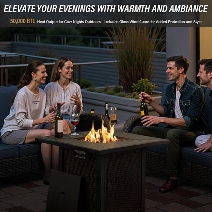 5-Piece Outdoor Patio Furniture Set with 50000 BTU Propane Fire Pit Table, Deep Seating Wicker Swivel Rocker Chairs and Loveseat Glider Patio Conversation Set for Deck Poolside Backyard Blue-2