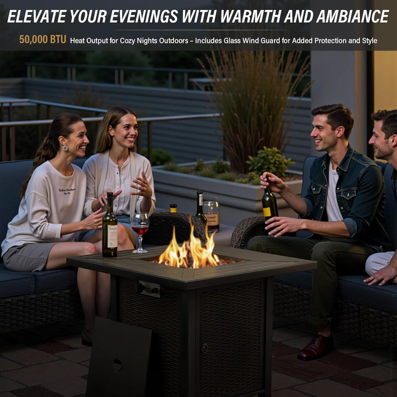 5 Piece Outdoor Patio Furniture Set with 50000 BTU Propane Fire Pit Table, Deep Seating Wicker Swivel Rocker Chairs and Loveseat Glider Patio Conversation Set for Poolside Deck Backyard Grey-2