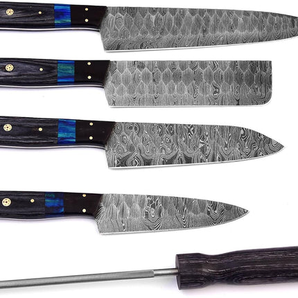 Custom Handmade Damascus Kitchen Knife Set with Sharpener