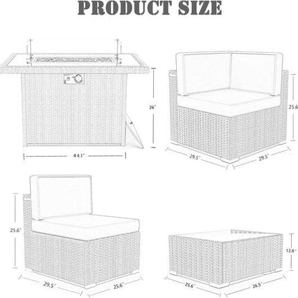 8 Pieces Patio Furniture Set with 44" Propane Gas Fire Pit Table - Phoenix Fire Art Store