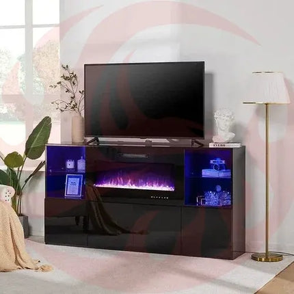 Modern TV Stand with Electric Fireplace and LED Lights - Phoenix Fire Art Store