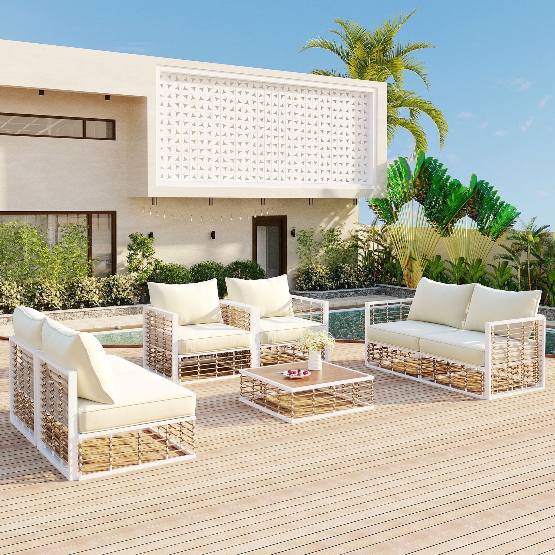 Modern Minimalist 7-Piece Metal Patio All-Weather Sectional Sofa Set - Phoenix Fire Art Store