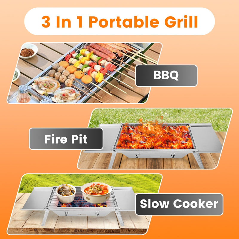 1 Set 3 In 1 Foldable Charcoal Grill Fire Pit Slow Cooker 2-3 People Portable Camping Grill Stainless Steel BBQ Grill - Phoenix Fire Art Store