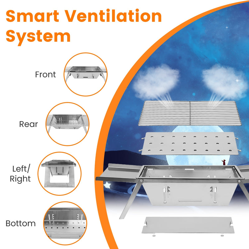 1 Set 3 In 1 Foldable Charcoal Grill Fire Pit Slow Cooker 2-3 People Portable Camping Grill Stainless Steel BBQ Grill - Phoenix Fire Art Store