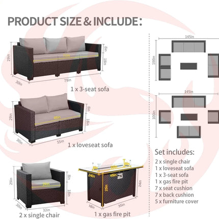 5 Pcs Outdoor Patio Furniture Set with 45" Fire Pit - Phoenix Fire Art Store