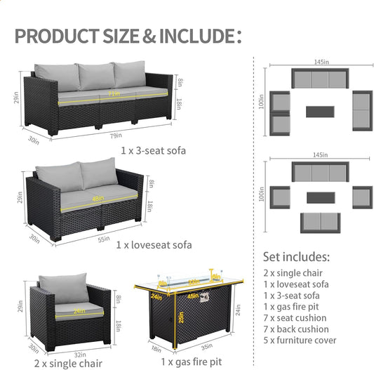 5 Pcs Outdoor Furniture Sets Patio Furniture Set with 45" Fire Pit Patio Couch Outdoor Chairs 60000 BTU Steel Propane Fire Pit Table No-Slip Cushions and Waterproof Covers, Light Grey-1