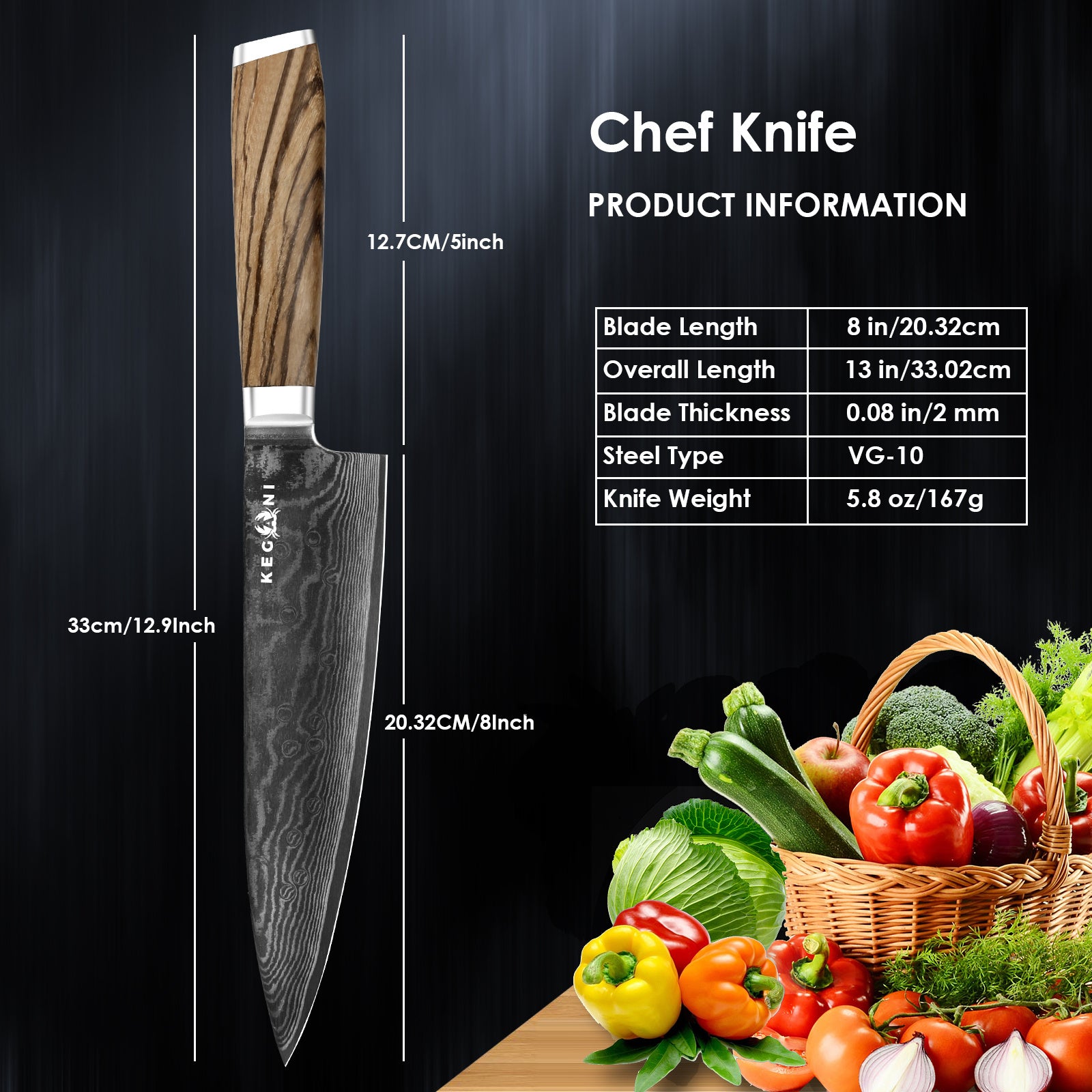 Kegani Chef Knife - 8 Inch 67 Layer Japanese VG-10 Damascus Steel Professional Chef Knife - Ergonomic Full Tang Handle - Phoenix Fire Art Store