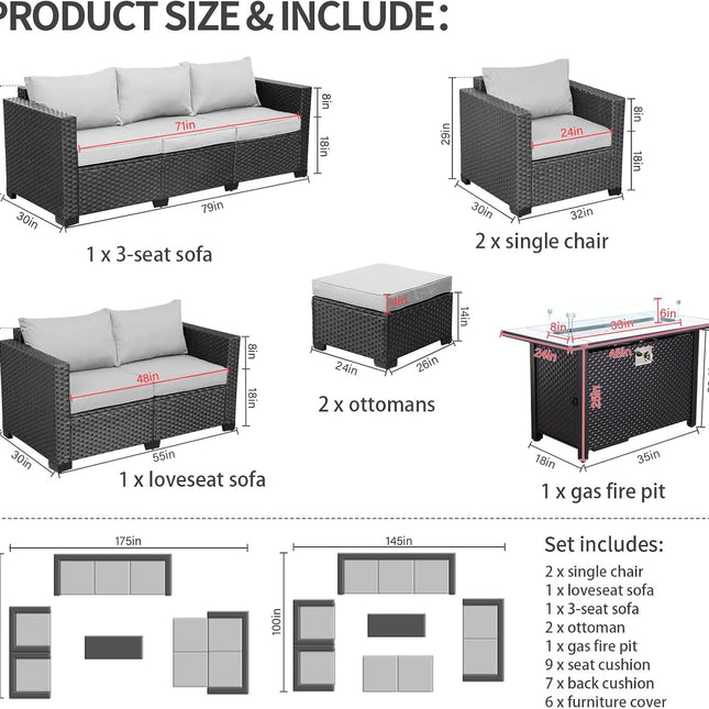 7 PCS Outdoor Furniture Sets 60000BTU 45-Inch Outdoor Propane Fire Pit Table Patio Furniture Set No-Slip Cushions and Waterproof Covers, Light Grey-1