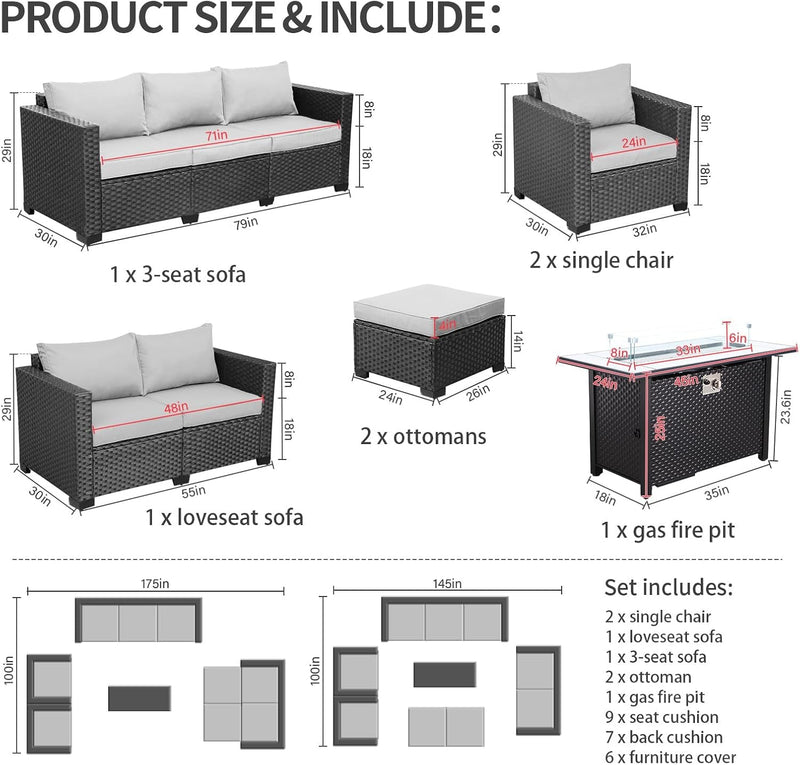 7 PCS Outdoor Furniture Sets 60000BTU 45-Inch Outdoor Propane Fire Pit Table Patio Furniture Set No-Slip Cushions and Waterproof Covers, Light Grey-1