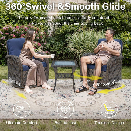 5-Piece Outdoor Patio Furniture Set with 50000 BTU Propane Fire Pit Table, Deep Seating Wicker Swivel Rocker Chairs and Loveseat Glider Patio Conversation Set for Deck Poolside Backyard Blue-1