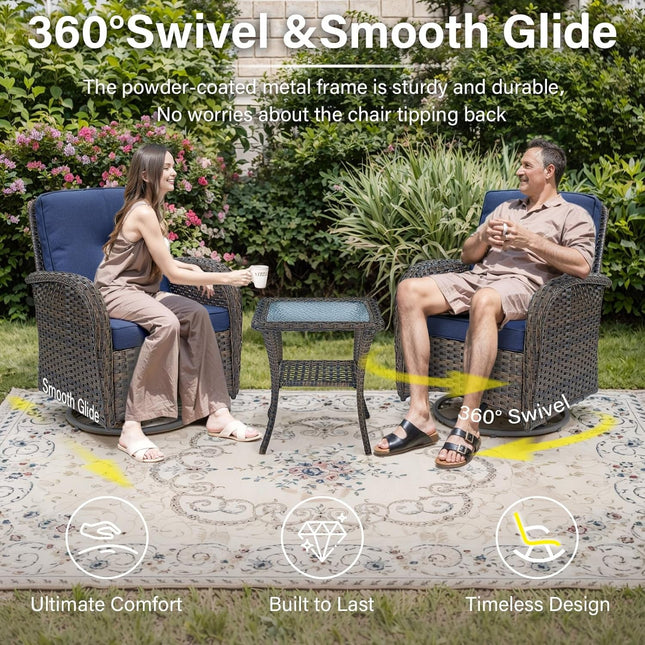 5-Piece Outdoor Patio Furniture Set with 50000 BTU Propane Fire Pit Table, Deep Seating Wicker Swivel Rocker Chairs and Loveseat Glider Patio Conversation Set for Deck Poolside Backyard Blue-1