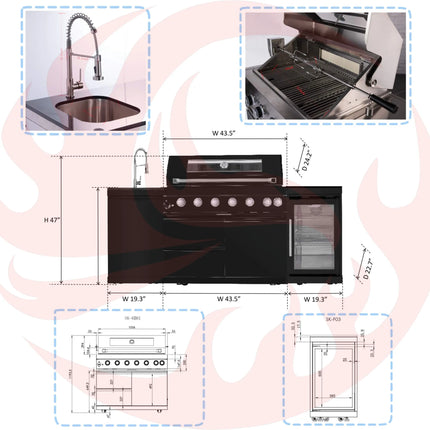 Castelle Flame 85K BTU Outdoor BBQ Kitchen Grill Island With 43-Inch 6-Burner Grill, Wine Fridge, Rotisserie Kit, And Sink (SAK23864) SAKSBY WHOLESALE