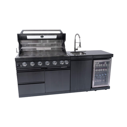 Castelle Flame 85K BTU Outdoor BBQ Kitchen Grill Island With 43-Inch 6-Burner Grill, Wine Fridge, Rotisserie Kit, And Sink (SAK23864)