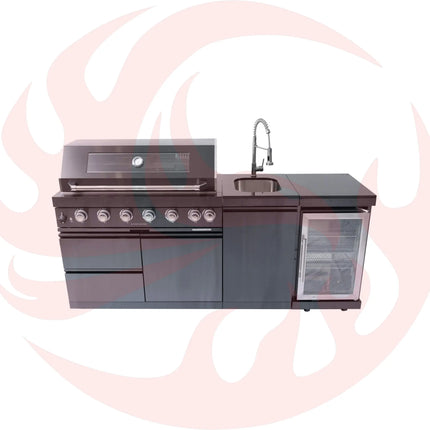 Castelle Flame 85K BTU Outdoor BBQ Kitchen Grill Island With 43-Inch 6-Burner Grill, Wine Fridge, Rotisserie Kit, And Sink (SAK23864) SAKSBY WHOLESALE