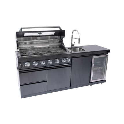 Castelle Flame 85K BTU Outdoor BBQ Kitchen Grill Island With 43-Inch 6-Burner Grill, Wine Fridge, Rotisserie Kit, And Sink (SAK23864)