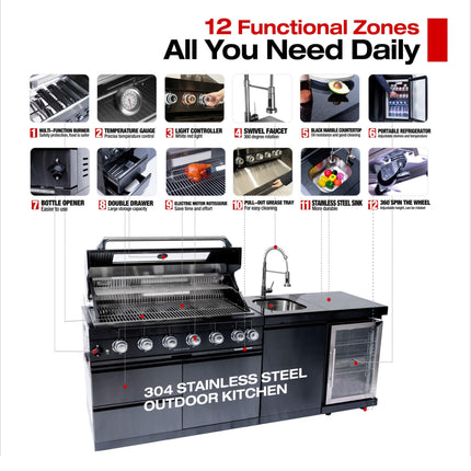 Castelle Flame 85K BTU Outdoor BBQ Kitchen Grill Island With 43-Inch 6-Burner Grill, Wine Fridge, Rotisserie Kit, And Sink (SAK23864)