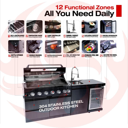 Castelle Flame 85K BTU Outdoor BBQ Kitchen Grill Island With 43-Inch 6-Burner Grill, Wine Fridge, Rotisserie Kit, And Sink (SAK23864) SAKSBY WHOLESALE