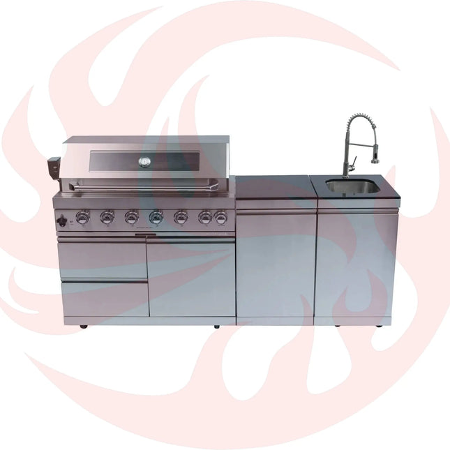 Castelle Flame Granite Outdoor BBQ Kitchen Island With 43-Inch 6-Burner Gas Grill, Rotisserie Kit, Cabinets, And Sink (SAK73518) - Phoenix Fire Art Store