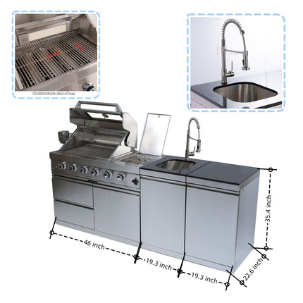 Castelle Flame Stainless Steel Outdoor BBQ Kitchen Island With 46-Inch 4-Burner 85K BTU Grill, Rotisserie Kit, And Cabinets (SAK93192)