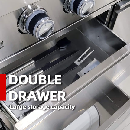 Castelle Flame Stainless Steel Outdoor BBQ Kitchen Island With 46-Inch 4-Burner 85K BTU Grill, Rotisserie Kit, And Cabinets (SAK93192)