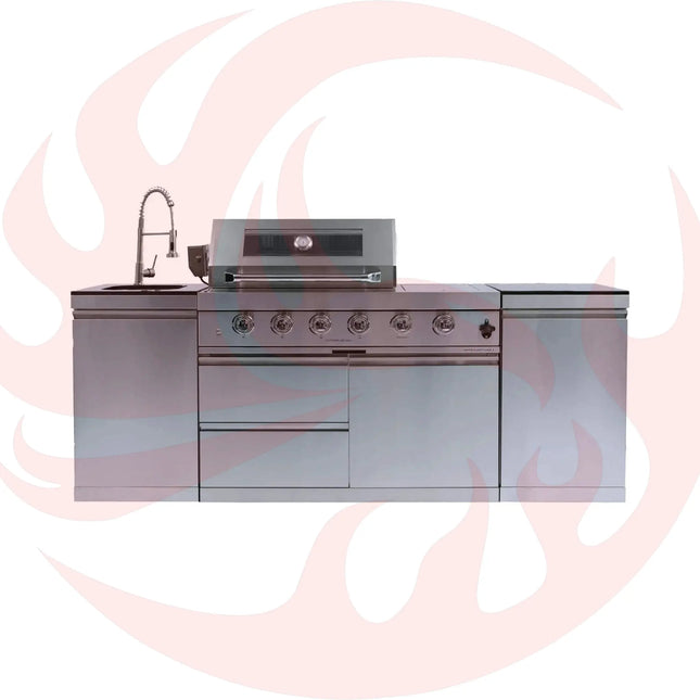 Castelle Flame Stainless Steel Outdoor BBQ Kitchen Island With 46-Inch 4-Burner 85K BTU Grill, Rotisserie Kit, And Cabinets (SAK93192) - Phoenix Fire Art Store