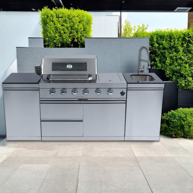 Castelle Flame Stainless Steel Outdoor BBQ Kitchen Island With 46-Inch 4-Burner 85K BTU Grill, Rotisserie Kit, And Cabinets (SAK93192)