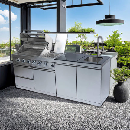 Castelle Flame Stainless Steel Outdoor BBQ Kitchen Island With 46-Inch 4-Burner 85K BTU Grill, Rotisserie Kit, And Cabinets (SAK93192)