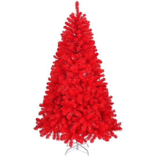 6 FT Artificial Christmas Tree, Unlit Hinged Christmas Pine Tree With 800 Branch Tips And Sturdy Metal Stand, Red - Phoenix Fire Art Store