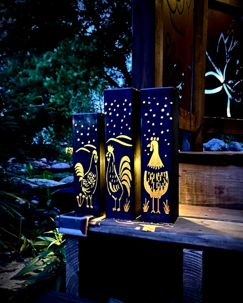 Chicken Coop Trio Luminary Pillars with Solar Cap - Cluck Yeah, They Glow!